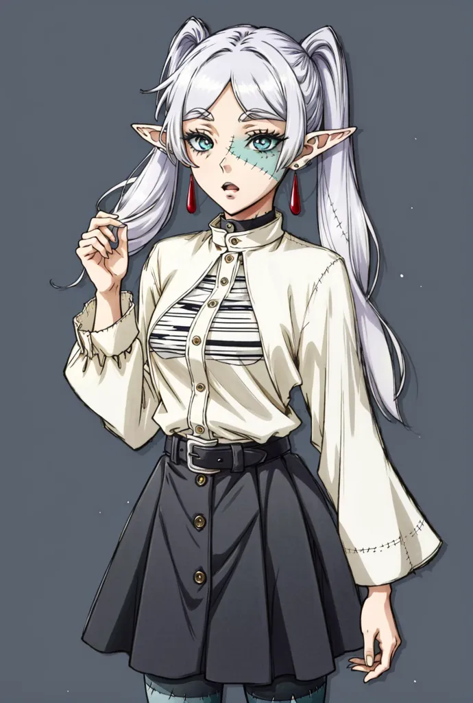 This is an image of a young girl with long white hair and green eyes. She is wearing a white blouse with a black skirt and a brown belt. She has a red earring in her left ear and a blue one in her right ear. Her right hand is holding her hair and the left one is by her side. She has a small beauty mark under her right eye.