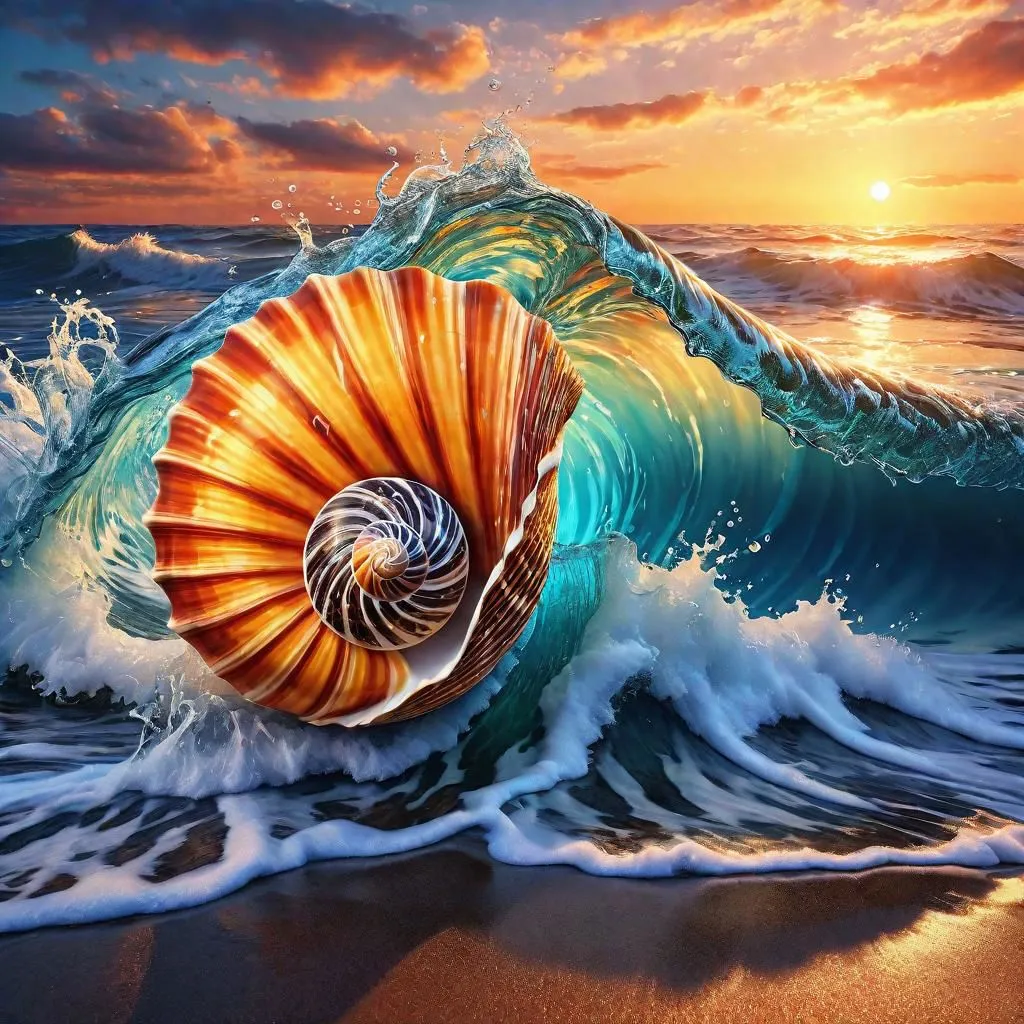 The image is a beautiful seascape. A large wave is crashing on the shore, and a conch shell is caught in the middle of the wave. The shell is orange and white, and the wave is blue and green. The sun is setting in the background, and the sky is a gradient of orange, yellow, pink, and blue. The image is very dynamic and captures the power of the ocean.