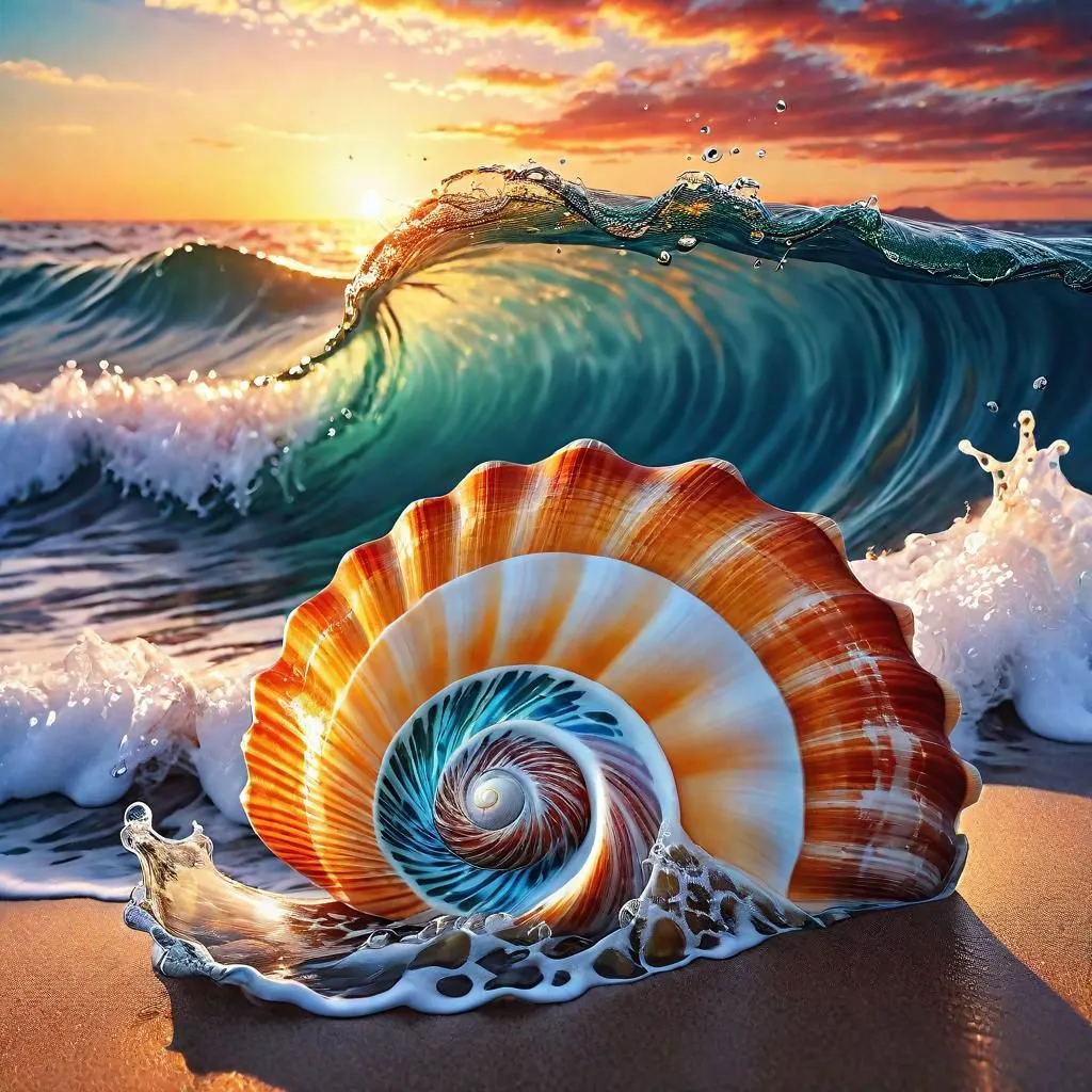 The image is depicting a beach scene. There is a large wave in the foreground, and a seashell in the foreground. The seashell is colorful, with a spiral pattern on the inside. The wave is crashing against the shore, and the water is splashing around the seashell. The sun is setting in the background, and the sky is a gradient of orange and yellow. The image is very realistic, and the colors are vibrant and lifelike.