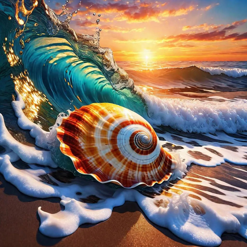 The image is depicting the beach. The ocean is in the background, with the waves crashing against the shore. The foreground of the image is a conch shell, sitting on the sand. The sky is a bright orange, with the sun setting. The image is very peaceful and serene.