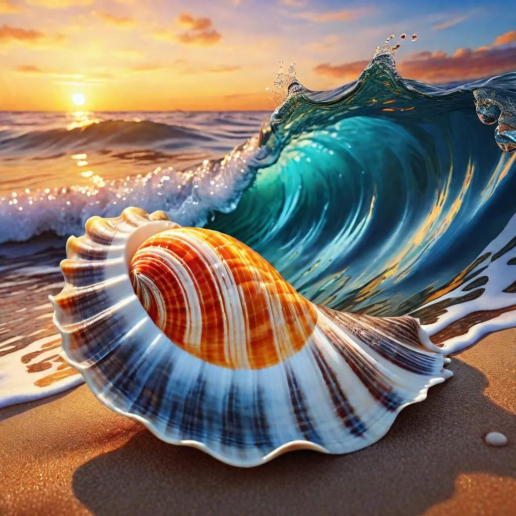 The image is showing a beach with a large seashell in the foreground. The seashell is orange and white, and has a spiral pattern. There is a wave crashing over the seashell. The wave is blue and green, and has a white crest. The sun is setting in the background, and the sky is a gradient of orange and yellow. The beach is covered in sand, and there is a small amount of water on the sand.