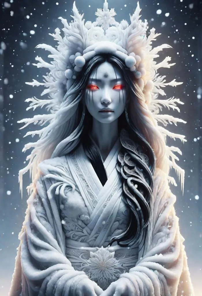 The Snow Queen is a beautiful, yet powerful, ice queen. She has long, black hair and piercing red eyes. Her skin is pale as snow and her lips are a deep blue. She is wearing a white kimono with a fur collar. Her head is adorned with a crown of icicles and snowflakes. She is sitting on a throne of ice and snow, surrounded by snowflakes.