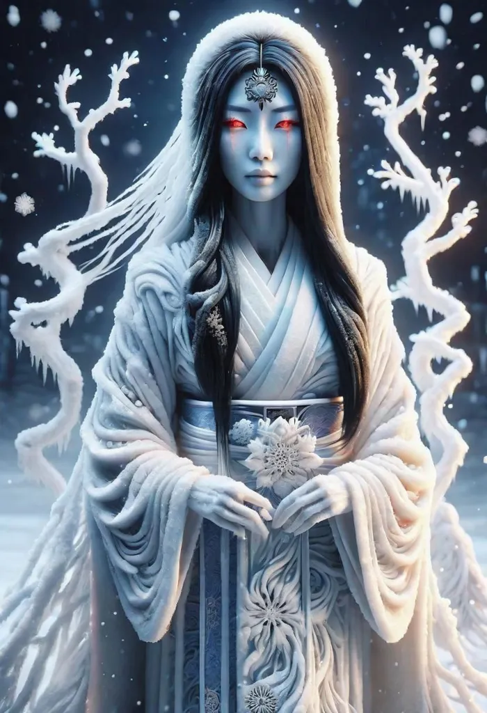 The Snow Queen is a beautiful, yet powerful, ice queen. She has long, black hair and red eyes. Her skin is pale and flawless. She is wearing a white kimono with a blue obi. Her kimono is covered in snowflakes. She is also wearing a necklace made of ice and a crown made of snow. She is standing in a snowy forest. The trees are bare, and the snow is thick on the ground. The Snow Queen is looking at the viewer with a cold, expressionless stare.