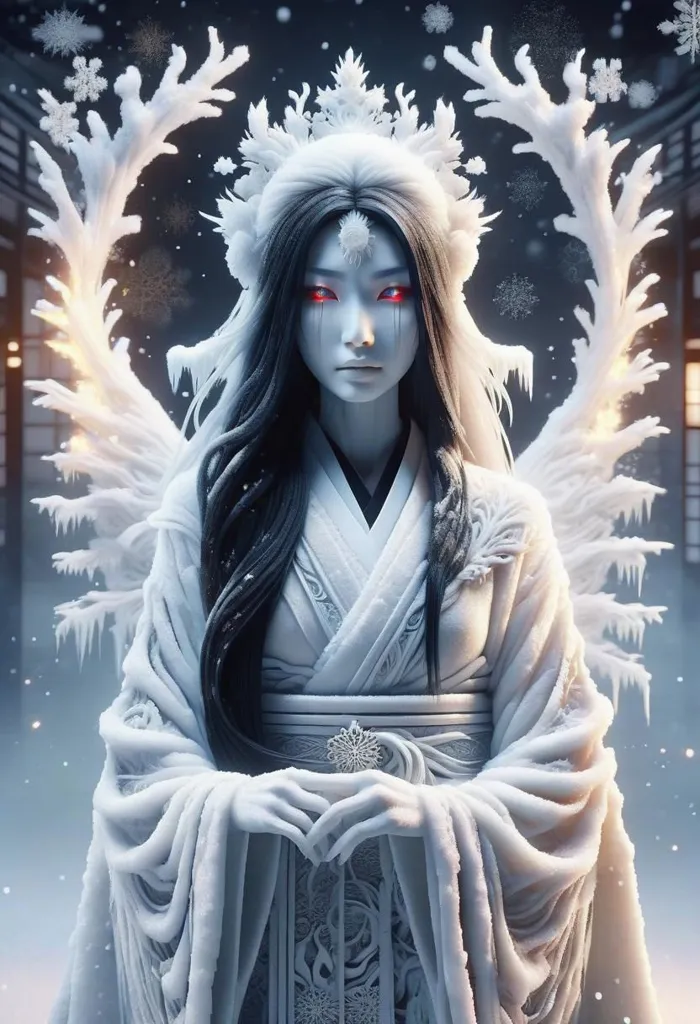 The image is a depiction of a snow queen. She is dressed in a white kimono with a fur collar, and her hair is long and black. Her eyes are red, and she has a cold, expressionless look on her face. She is surrounded by snowflakes, and her wings are made of ice and snow.