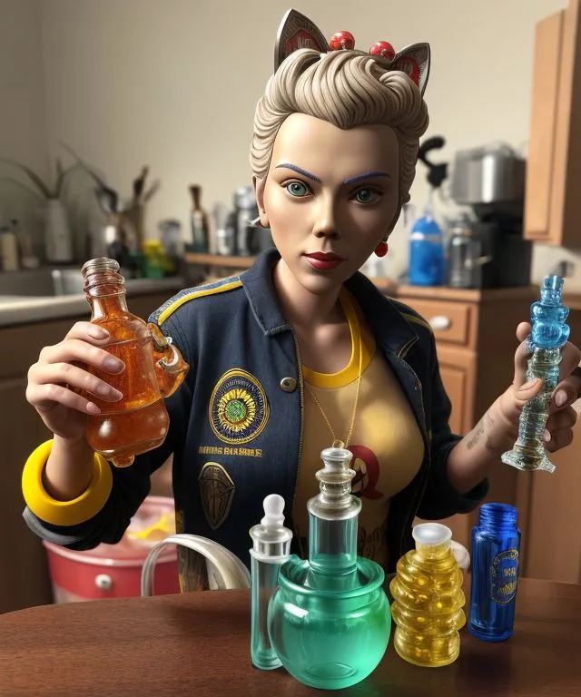 The image shows a woman with short blonde hair and cat ears. She is wearing a yellow shirt, a blue jacket, and a necklace with a sunflower pendant. She is standing in a kitchen and is holding a bottle of orange liquid in her right hand and a blue and white object in her left hand. There are several other bottles and jars on the table in front of her. The woman has a serious expression on her face.