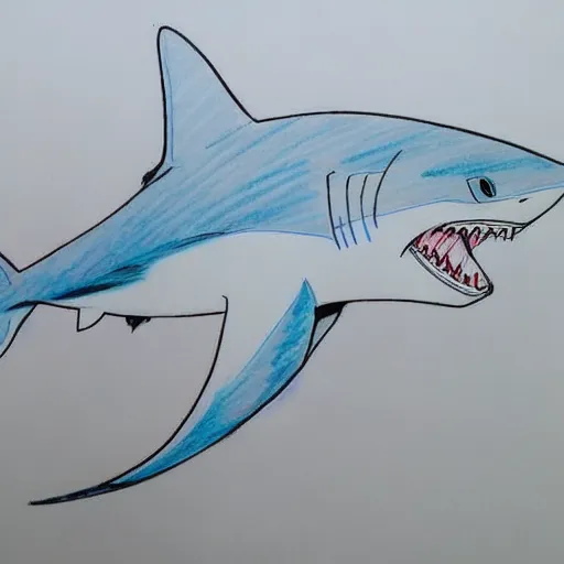 This image shows a shark. The shark has a light blue body and a white belly. The shark's mouth is open and it has sharp teeth. The shark's tail is long and pointed. The shark is swimming towards the right of the image.