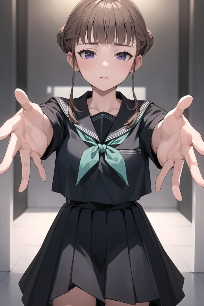 The image depicts a young girl with brown hair and purple eyes. She is wearing a black sailor-style school uniform with a green ribbon. She has her arms outstretched in front of her with her palms facing the viewer. The background is a blurred hallway with lockers.