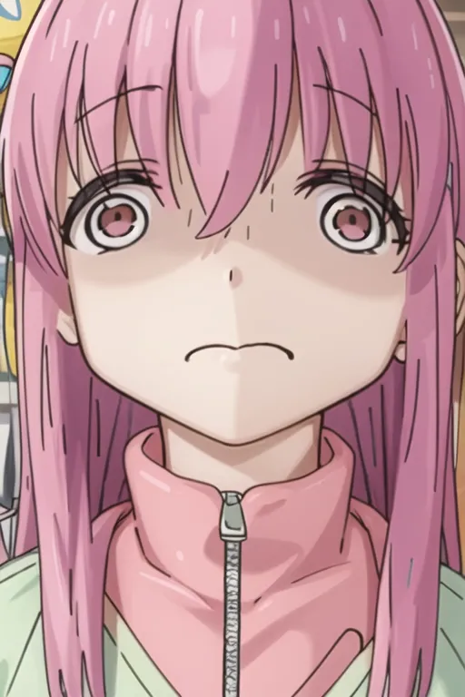 The image shows a young girl with pink hair and big brown eyes. She is wearing a pink and white tracksuit. The girl has a slightly annoyed expression on her face. She is looking at something or someone with a mixture of irritation and confusion.