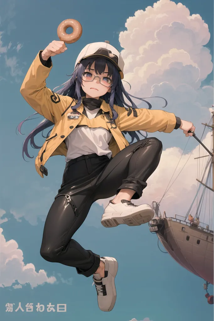 A young girl with long purple hair is jumping in the air. She is wearing a yellow jacket, white shirt, and black pants. She is holding a donut in her right hand and a sword in her left hand. There is a ship in the background. The sky is blue and cloudy.