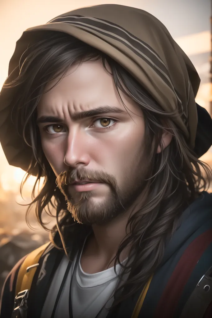 The image is a portrait of a young man with long brown hair and a beard. He is wearing a brown and white striped scarf or hood. The man's expression is serious and intense. He seems to be looking at something or someone with determination. The background is a blur of warm colors.