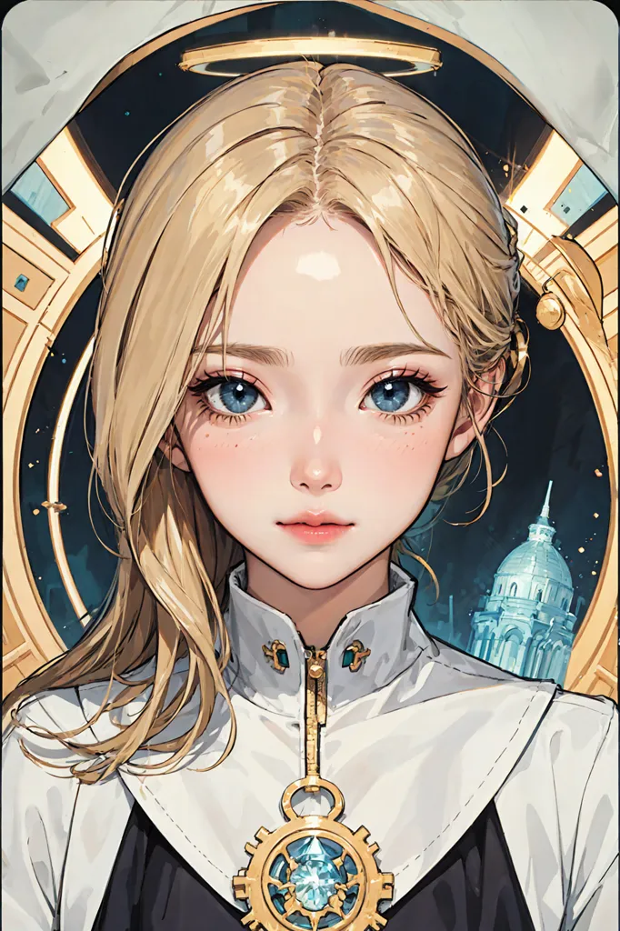 The image is a portrait of a young woman with long blonde hair and blue eyes. She is wearing a white shirt with a high collar and a gold necklace with a blue gem in the center. She has a halo above her head and there is a building, possibly a church, in the background. The image is drawn in a realistic style and the colors are vibrant and bright.