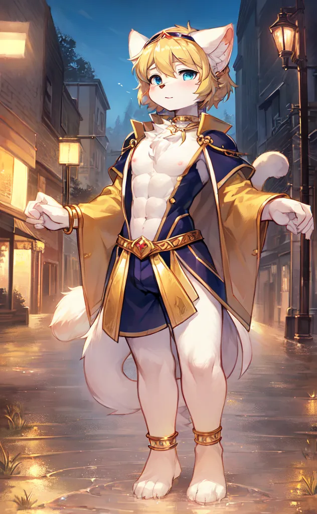 The image is of a young man with cat ears and a tail. He is standing in a street with his arms outstretched. He is wearing a blue and gold outfit with a white cape. He has a collar around his neck and several bracelets on his arms and legs. His hair is blond and his eyes are blue. He is barefoot and there is water on the ground. There are buildings on either side of the street and a street lamp in the background. The image is in a realistic style and the colors are vibrant.