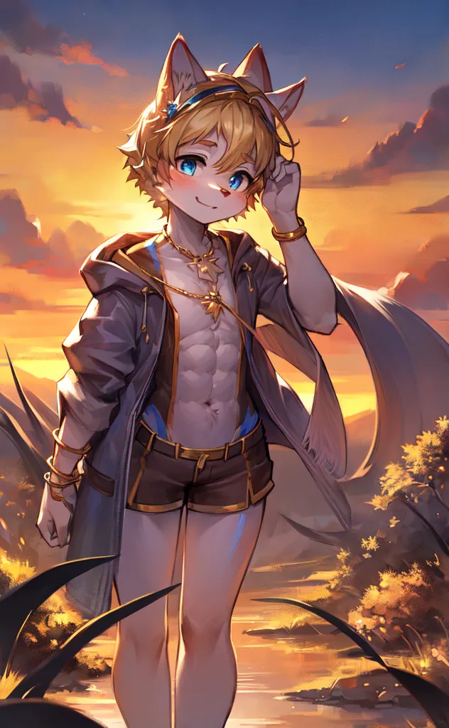 The image is of a young man with blond hair and blue eyes. He has fox ears and a tail, and is wearing a gray and brown outfit. He is standing in a field of grass, with a river and mountains in the background. The sun is setting, and the sky is a gradient of orange, yellow, pink, and blue.