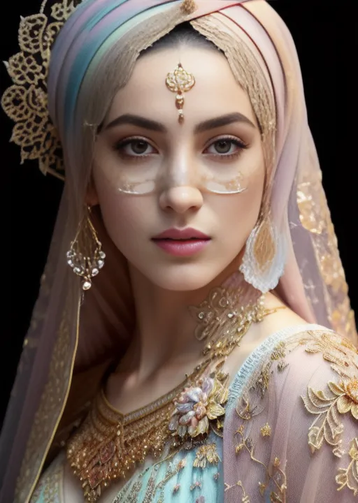 L'image montre une jeune femme, probablement une mariée, portant une robe de mariage indienne traditionnelle. Elle porte un magnifique lengha avec une broderie complexe et un dupatta qui couvre sa tête et ses épaules. Le dupatta est orné de travaux de gota et de zari. Elle porte également un maang tikka, un couvre-chef indien traditionnel, et un passa, un collier indien traditionnel. Le passa est en or et a un pendentif au centre. Elle porte également des boucles d'oreilles, un anneau de nez et un bindi. Son maquillage est impeccable, avec un fard à joues rose pâle et un rouge à lèvres rouge foncé. Ses yeux sont soulignés au khôl et elle porte une ombre à paupières foncée. Ses cheveux sont coiffés en chignon et elle a une petite tresse sur le côté. L'arrière-plan est de couleur sombre, ce qui fait ressortir la femme.