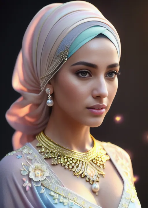 A imagem mostra uma jovem mulher, provavelmente com cerca de 20 anos, usando um hijab rosa claro. O hijab está enrolado em torno de sua cabeça e pescoço, e é decorado com um belo broche de ouro e prata. A mulher também está usando um colar de ouro e um par de brincos de pérola. Sua maquiagem é impecável, e seus olhos são realçados com uma sombra rosa clara. A mulher olha para a câmera com uma expressão séria. O fundo da imagem é azul escuro, o que faz com que o rosto e a joalheria da mulher se destaquem.