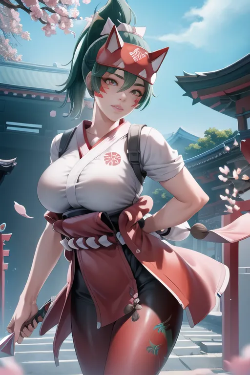 The image is of a young woman with green hair and fox ears. She is wearing a white and red kimono-style outfit and a fox mask. She is standing in a Japanese-style setting with a temple in the background. The woman is looking at the viewer with a confident expression.