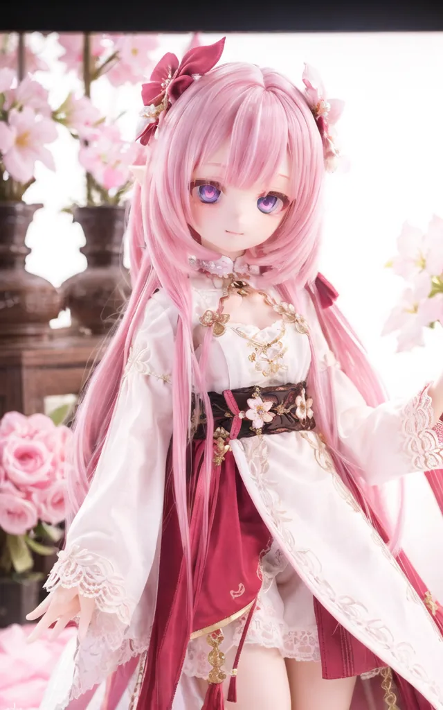 The image shows a doll with pink hair and purple eyes. She is wearing a white and pink dress with a red sash. The doll is standing in front of a pink background with cherry blossoms.