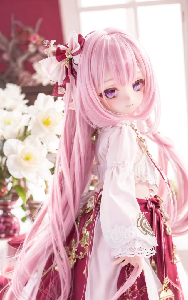 The image shows a doll with pink hair and purple eyes. She is wearing a white and pink dress with a red sash. There are white flowers in the background. The doll is standing in front of a white door.