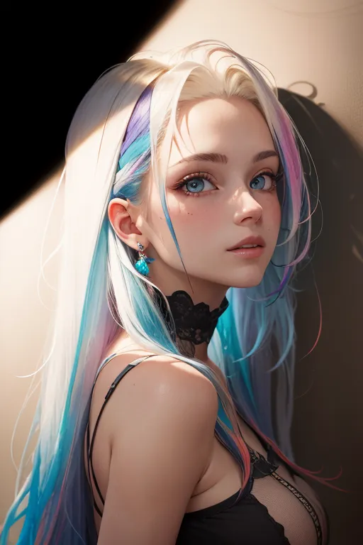 La imagen es una pintura digital de una mujer joven con el cabello largo y ondulado. La mujer está de pie frente a un fondo oscuro, con un foco de luz que la ilumina. El cabello de la mujer es una mezcla de blanco, azul y rosa, y sus ojos son de un color azul claro. Lleva un choker de encaje negro y un vestido negro con escote de corazón. La expresión de la mujer es suave y serena.