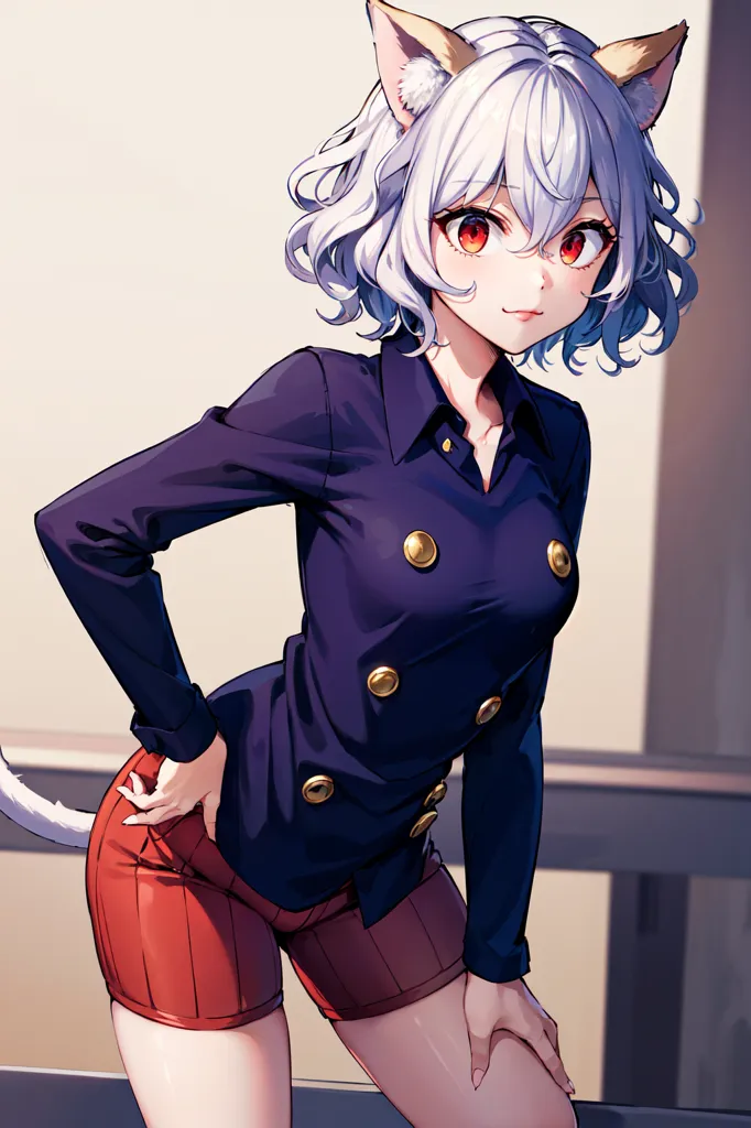 The image is of a young woman with white hair and red eyes. She is wearing a dark blue shirt with gold buttons and red shorts. She has a white cat tail and cat ears. She is standing with her left hand on her hip and her right hand on her thigh. She has a confident smile on her face.