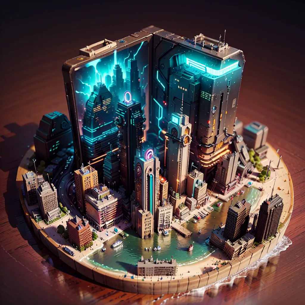 The image shows a futuristic city. There are tall buildings, flying cars, and a large body of water. The city is lit up by bright lights. The image is very detailed and shows a lot of thought and creativity.