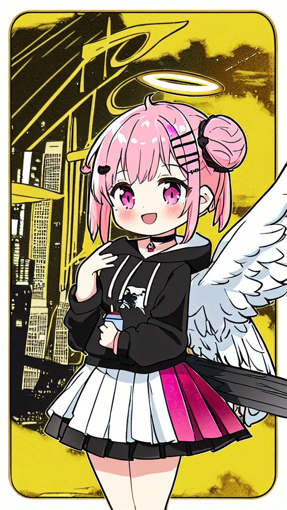 The image contains an anime-style illustration of a girl with pink hair and black eyes. She is wearing a black hoodie, a white pleated skirt, and a pair of black boots. She also has a pair of angel wings and a halo above her head. The girl is standing in a city, with a large building in the background. The image is drawn in a semi-realistic style, with a focus on the girl's cute and innocent expression.