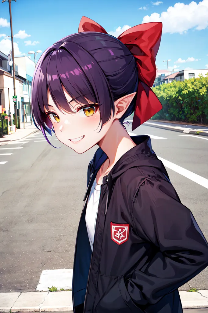 The image is a portrait of a young woman with purple hair and yellow eyes. She is wearing a black jacket with a red and white emblem on the chest and a red bow in her hair. She has a friendly smile on her face and is standing in a street with buildings and trees in the background. The sky is blue with white clouds and the sun is shining.