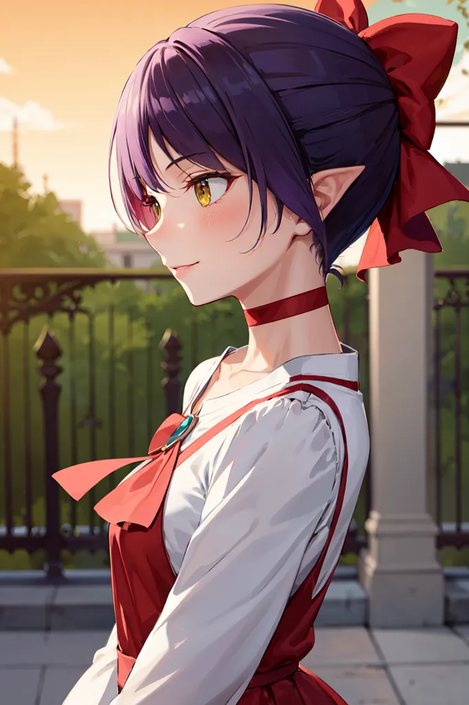 The image shows a young woman with purple hair and yellow eyes. She is wearing a white blouse, a red pinafore, and a red bow in her hair. She has a gentle smile on her face and is looking to the right of the frame. The background is blurry, but it looks like there is a fence or railing behind her.