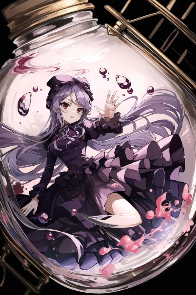 A beautiful anime girl with long purple hair wearing a purple dress is trapped inside a glass jar. The jar is filled with a purple liquid and the girl is reaching out with her hand.