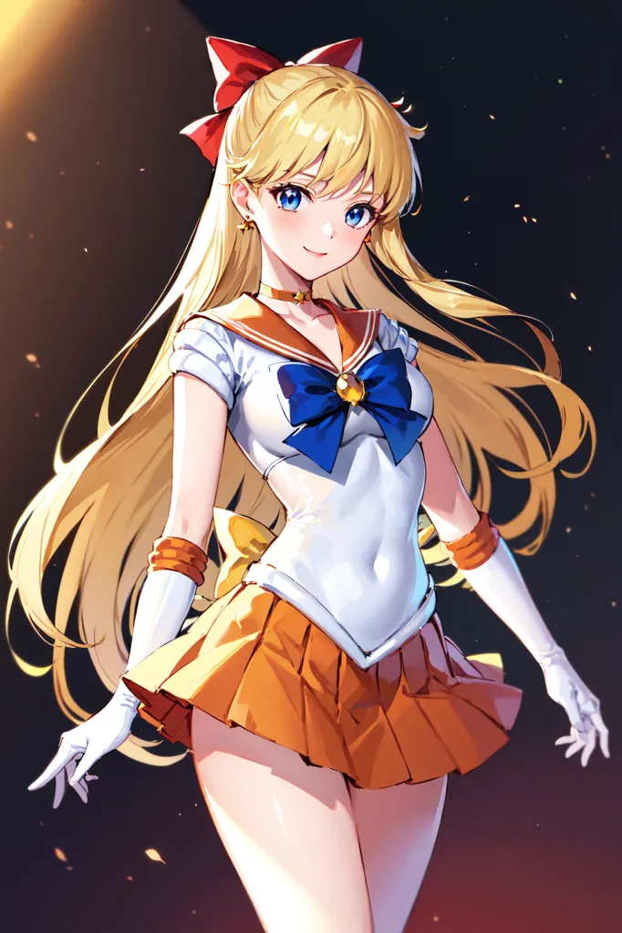 The image is of a young woman with long blonde hair and blue eyes. She is wearing a white and orange sailor-style outfit with a red bow on her chest and a yellow bow in her hair. She is also wearing white gloves and orange boots. She is standing in a confident pose with her left hand on her hip and her right hand extended. The background is a dark color with a spotlight shining down on her.