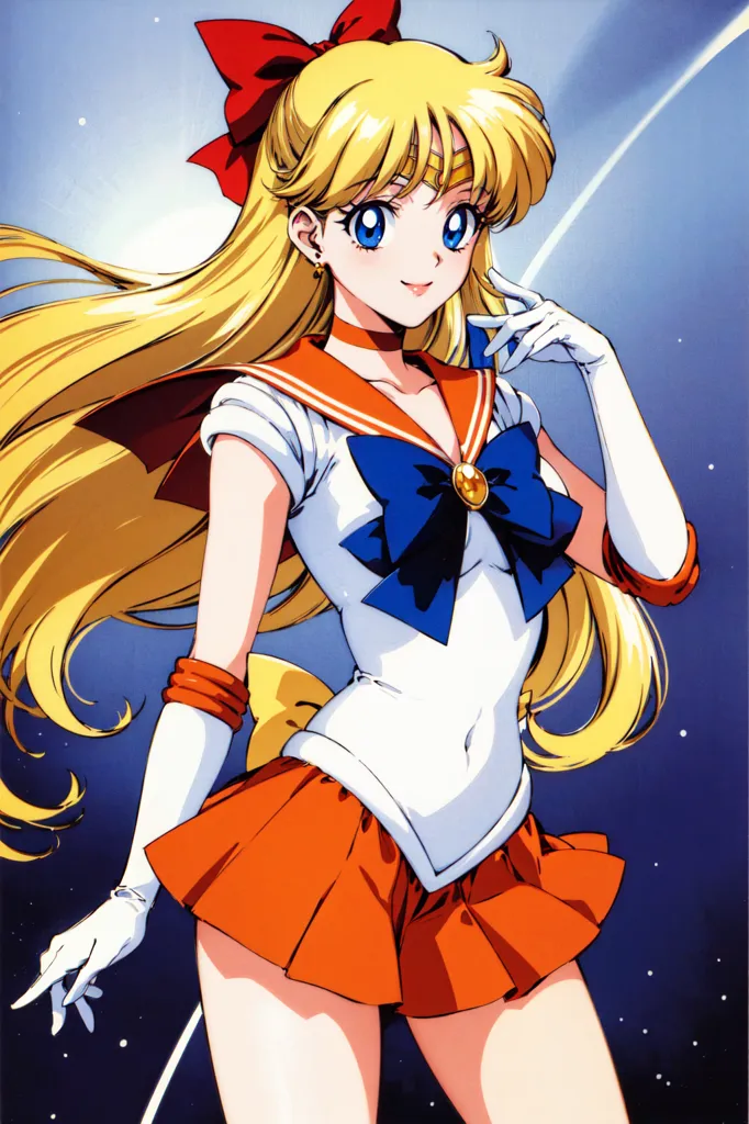 The image shows a young woman with long blond hair and blue eyes. She is wearing a white and orange leotard-style outfit with a large blue bow at the center of her chest and a red bow in her hair. She is also wearing white gloves and orange boots. She has a confident expression on her face and is standing with one hand on her hip and the other near her face. There is a crescent moon symbol on her forehead. The background is a starry night sky with a few streaks of light in the sky.