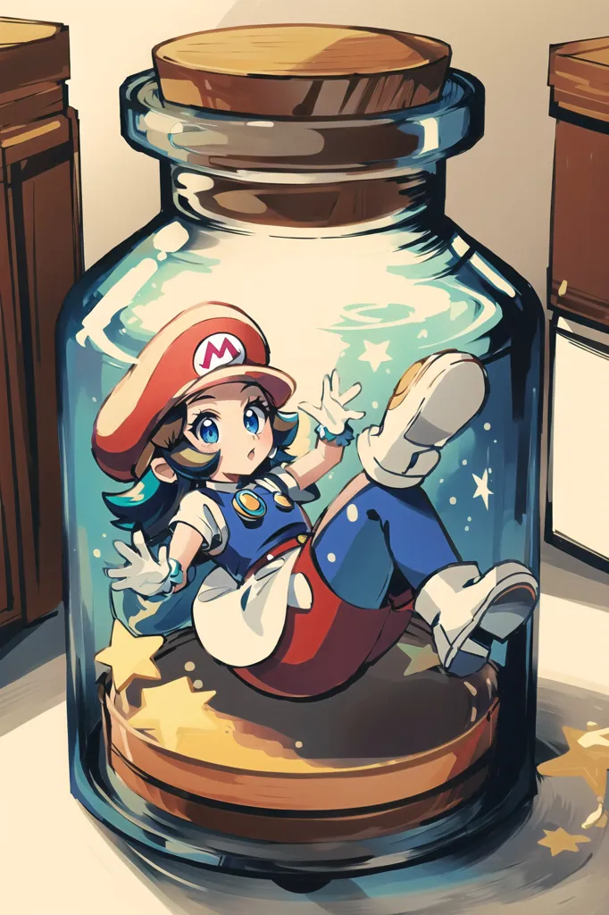 The image shows a glass jar with a cork lid. Inside the jar is a small girl with blue hair and brown eyes. She is wearing a red cap with a white M on it, a blue shirt with white sleeves, and red overalls. She is also wearing white gloves and brown shoes. The girl is sitting on a small brown platform. There are four white stars around her. The jar is sitting on a white table. There are two brown boxes behind the jar.