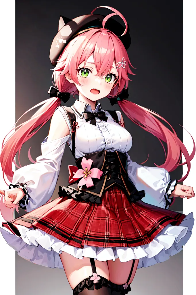 The image is of a young woman with pink hair and green eyes. She is wearing a black beret, a white blouse, a red and black corset, and a red and white plaid skirt. She is also wearing black stockings and brown boots. She is standing in a dark room with a spotlight shining on her.