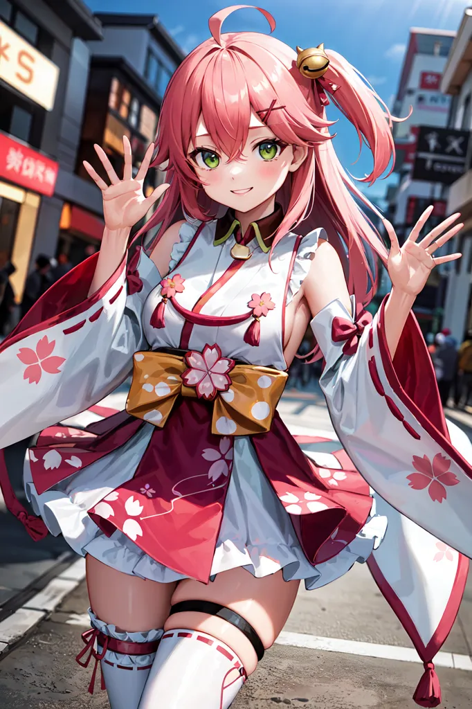 The image is of a young woman with pink hair and green eyes. She is wearing a kimono with a red and white pattern and a yellow obi. She is also wearing a pair of white socks and black boots. Her hair is tied up in a ponytail and she has a bell on the end of her ponytail. She is standing in a street with a city in the background. There are buildings, cars, and people in the background. The woman is smiling and has her arms outstretched.