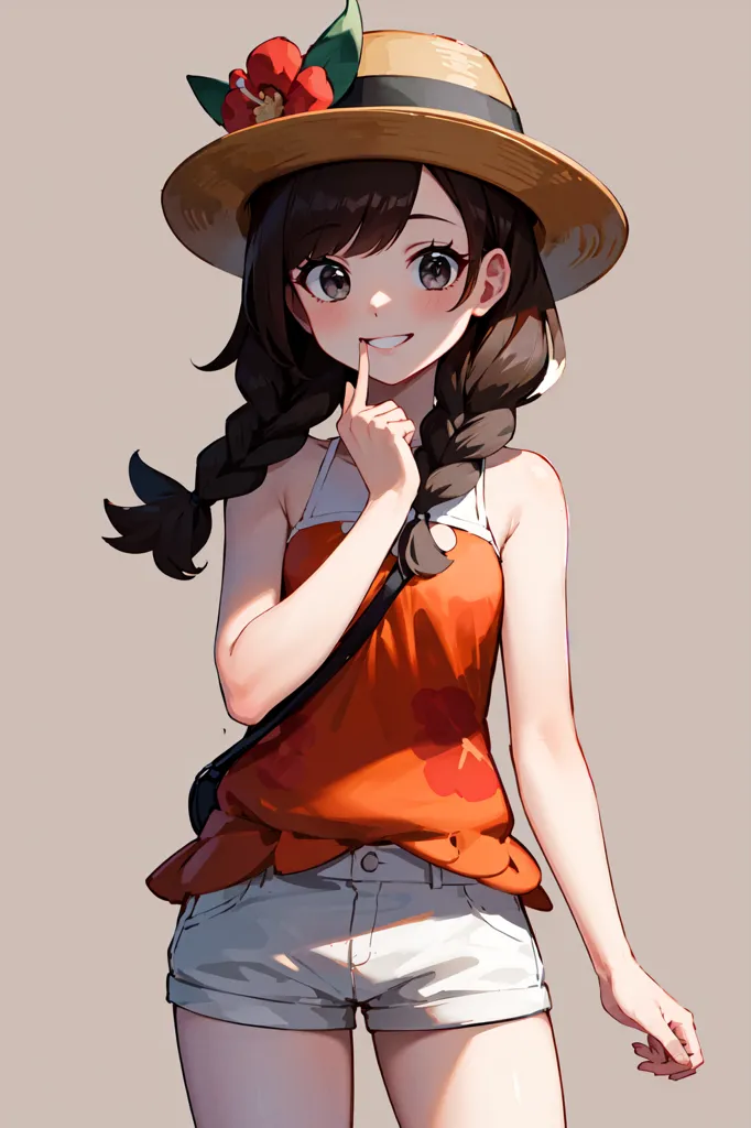 The image shows an anime-style girl with long brown hair and brown eyes. She is wearing a straw hat with a red flower and green leaves on it. She is also wearing an orange tank top with a white camisole underneath. The tank top has a pattern of red flowers on it. She is wearing white shorts and has a brown bag over her shoulder. She has a finger pressed to her lips and is looking at the viewer with a smile on her face.