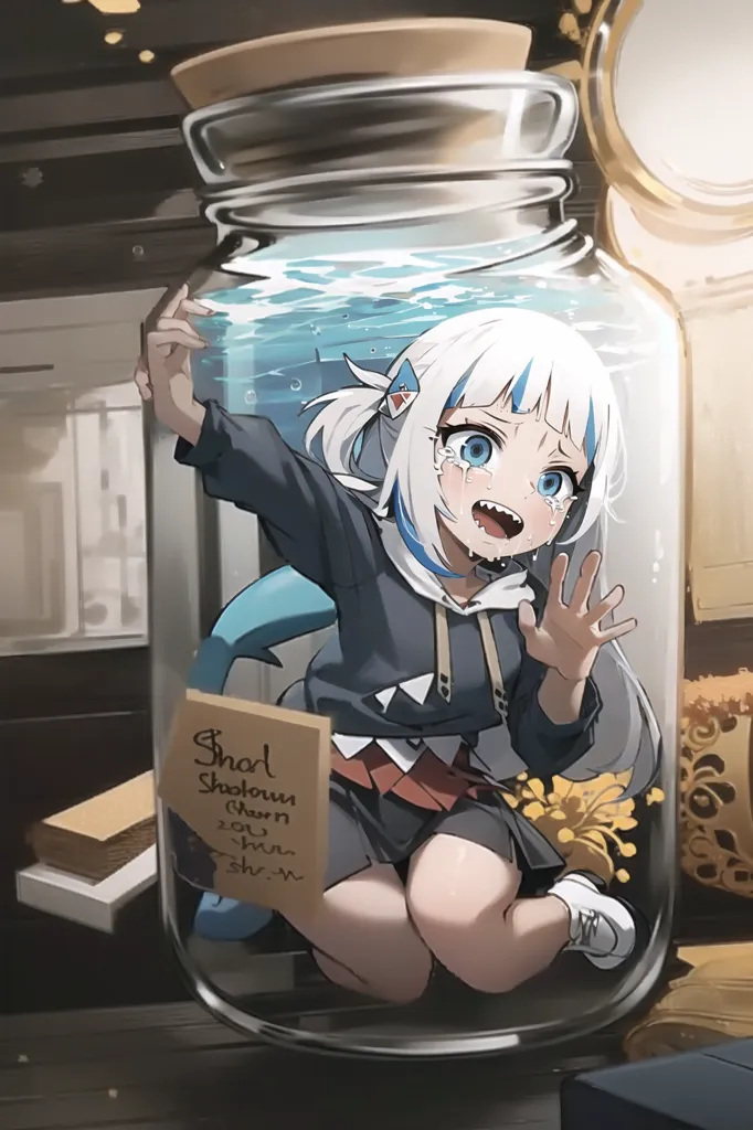 The image shows a small anime girl with shark-like features, such as blue and white hair and sharp teeth, trapped inside a glass jar. She is wearing a black hoodie and a pleated skirt. The jar is filled with water, and the girl is desperately trying to escape, with her hands pressed against the glass and her mouth open in a scream. The jar is sitting on a wooden shelf, next to a book and a vase of flowers.