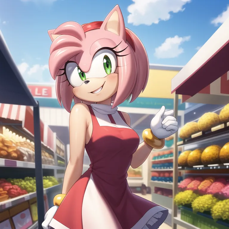 The image depicts Amy Rose, a character from the Sonic the Hedgehog series. She is standing in a supermarket, wearing a red apron over a pink dress. She has a friendly smile on her face and is looking at the camera. The supermarket is brightly lit and there are various food items on the shelves behind her.