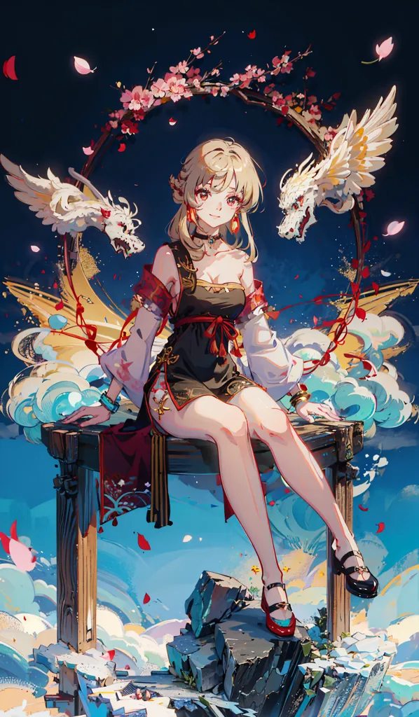 The image is of an anime-style girl with long blonde hair and red eyes. She is wearing a black and red dress with a white collar and a red bow in her hair. She is sitting on a stone railing with two white dragons flying behind her. The background is a blue sky with white clouds.