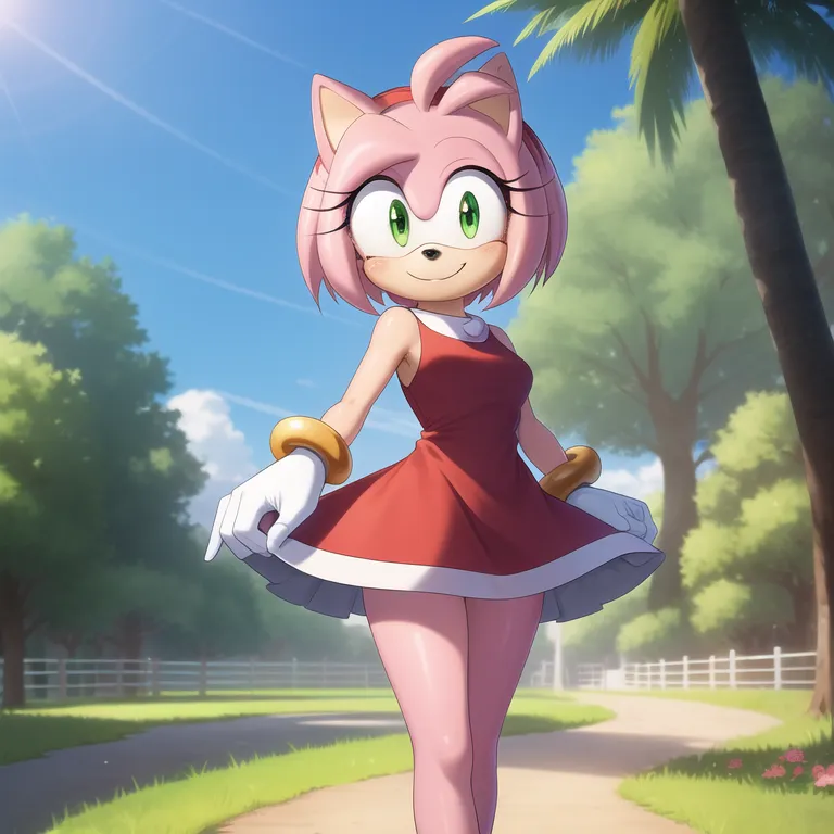 The image is of Amy Rose from the Sonic the Hedgehog series. She is depicted as a pink anthropomorphic hedgehog with green eyes and a red dress. She is standing in a field of green grass with a white fence in the background. There are also trees and palm trees in the background. The image is drawn in a realistic style and the colors are vibrant and bright.