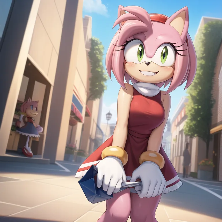 The image is of Amy Rose, a character from the Sonic the Hedgehog series. She is standing in a city street, smiling at the viewer. She is wearing a red and white dress and has her signature pink hair and green eyes. She is also carrying a small blue gift bag. In the background, there is a building with a blue wall and a tree.