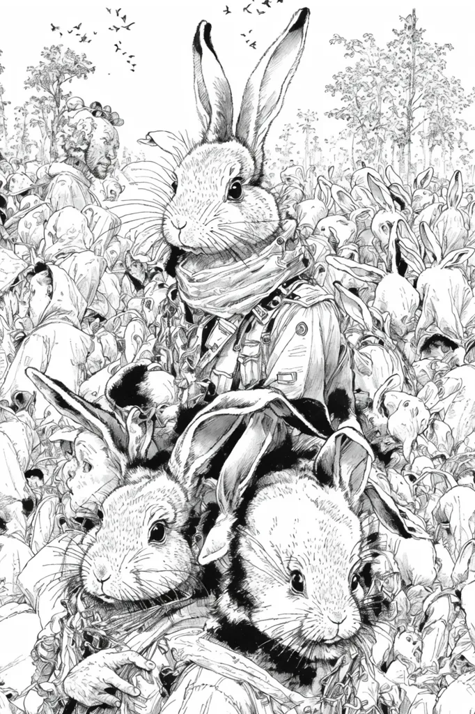 The image is a black and white illustration of a group of rabbits. The rabbits are of various sizes and are all depicted in a realistic style. The rabbits are gathered in a field and are surrounded by tall grass and trees. In the background of the image, there is a human figure standing in the distance. The human is wearing a hat and is carrying a gun. The image is dark and moody, and the rabbits appear to be wary of the human.