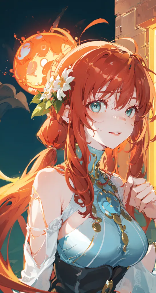 This is an image of a beautiful anime girl with long, flowing red hair and blue eyes. She is wearing a white and blue dress with a yellow necklace and has a flower in her hair. She is standing in front of a stone structure with a lantern on the right. She has a shy smile on her face.