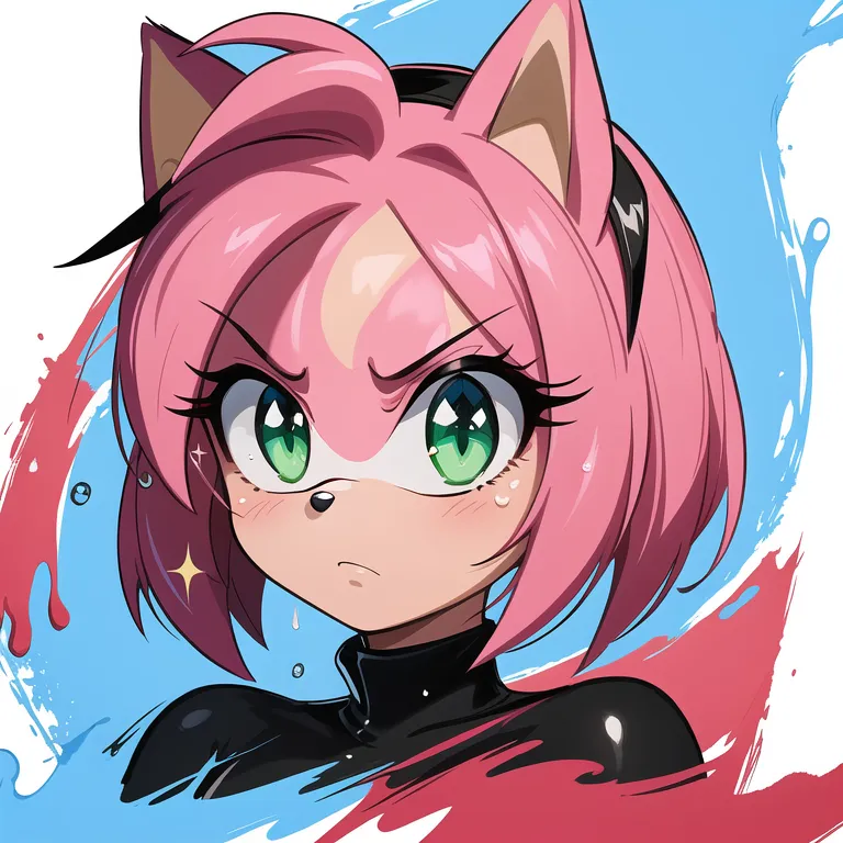 The image is a headshot of Amy Rose from the Sonic the Hedgehog series. She is depicted with a serious expression on her face. She is wearing a black and red bodysuit with a high collar. Her fur is pink and her eyes are green. The background is a light blue color with a few splashes of red and blue paint.