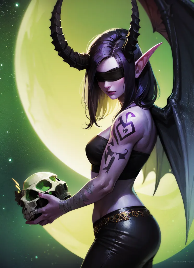 This is an image of a female demon with purple hair, black horns, and dark purple wings. She is wearing a black leather outfit and has a skull in her hand. She is blindfolded and has a tattoo on her right arm. She is standing in front of a green moon.