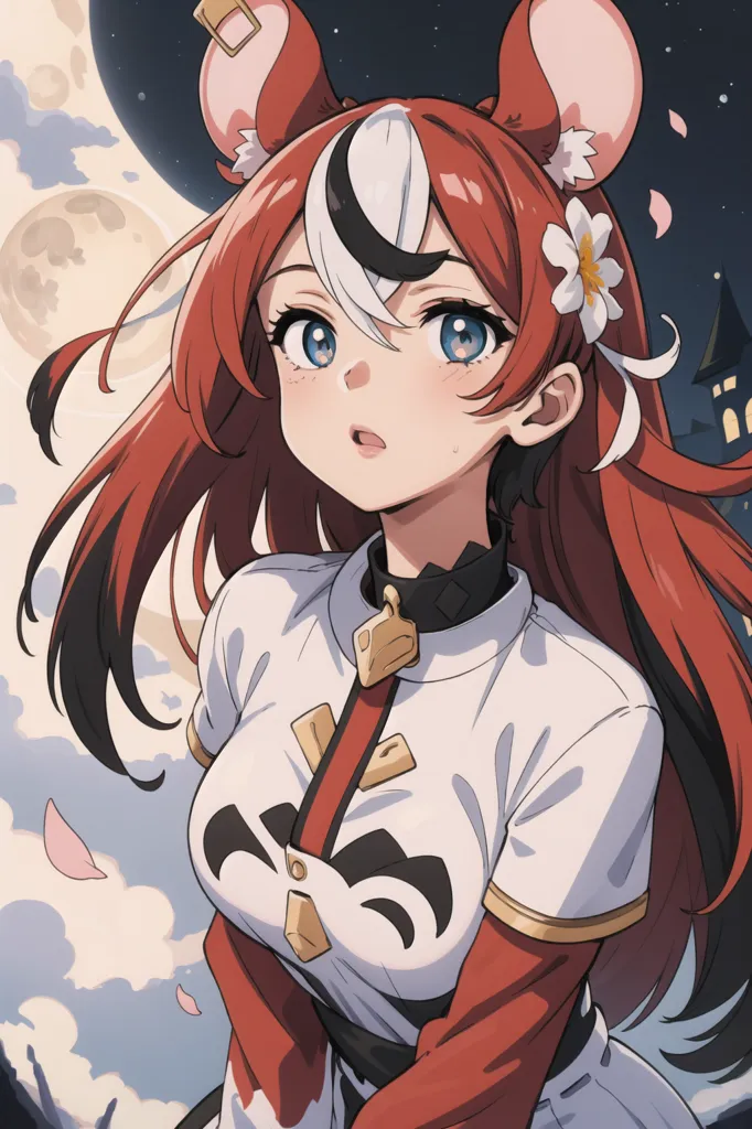 Esta es una imagen de una chica de estilo anime con el cabello largo rojo y blanco. Tiene orejas de gato y ojos azules. Lleva una camisa blanca con un cuello rojo y un chaleco negro. Hay una luna llena detrás de ella y un castillo oscuro a lo lejos.