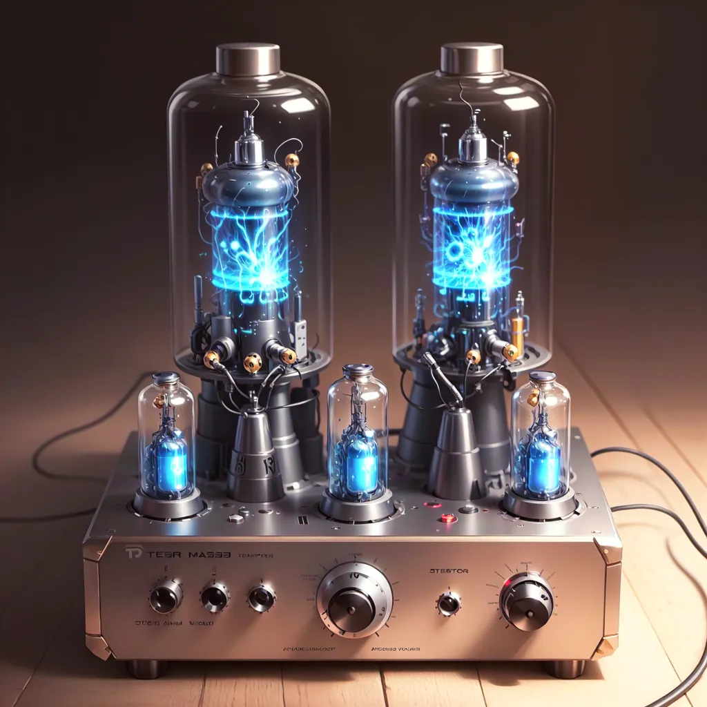 The image shows a steampunk style audio amplifier. It has two large vacuum tubes in the center, with a smaller vacuum tube on either side. There are several knobs and switches on the front of the amplifier. The amplifier is sitting on a wooden surface.