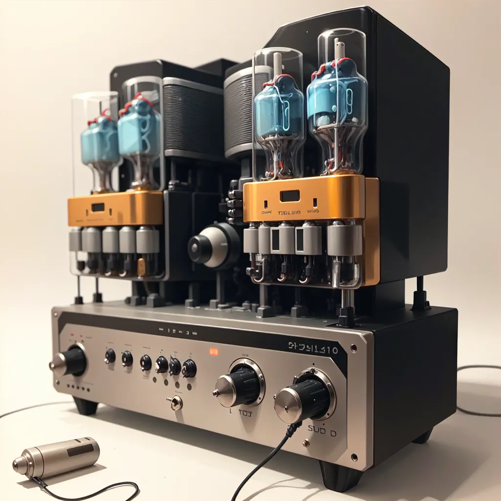 The image shows a high-end tube amplifier. It is a black and silver chassis with a brushed metal faceplate. There are four large vacuum tubes on the front of the amplifier, and a number of smaller tubes on the back. The amplifier has a variety of knobs and switches on the front panel, as well as a headphone jack and a microphone input.