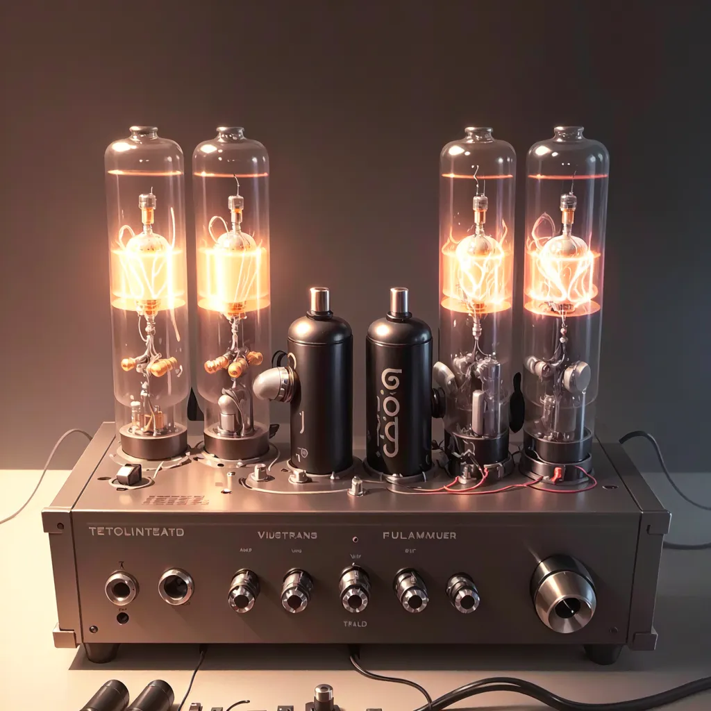 The image is of a glowing vacuum tube amplifier. It has four large vacuum tubes, each with a glowing orange filament. The tubes are arranged in a horizontal row on the front of the amplifier. The amplifier has a black metal chassis with a brushed aluminum faceplate. There are several knobs and switches on the faceplate, as well as a headphone jack and an input jack. The amplifier is plugged into a power outlet, and there is a pair of RCA cables connected to the input jack.