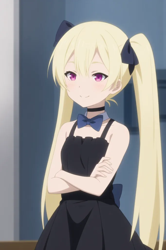 The image shows a girl with long blonde hair and purple eyes. She is wearing a black dress with a white collar and a black bow tie. She has a smug expression on her face and her arms are crossed.