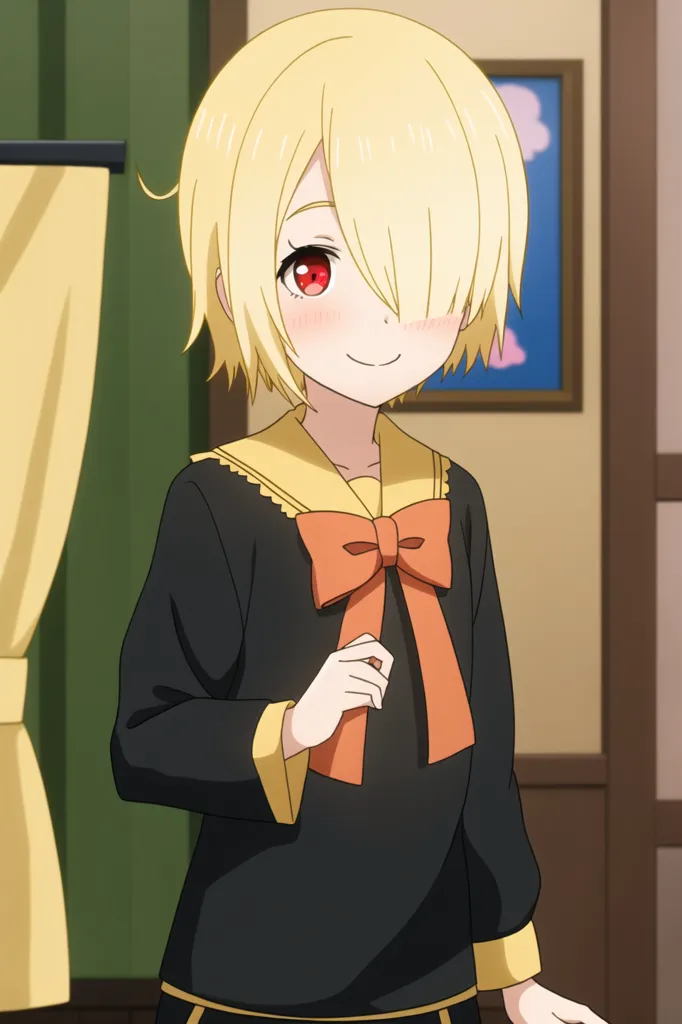 The image shows a young girl with short blond hair and red eyes. She is wearing a black and yellow school uniform with a red bow tie. She has a shy smile on her face and is standing in a room with a green wall and a picture of clouds on the wall behind her.